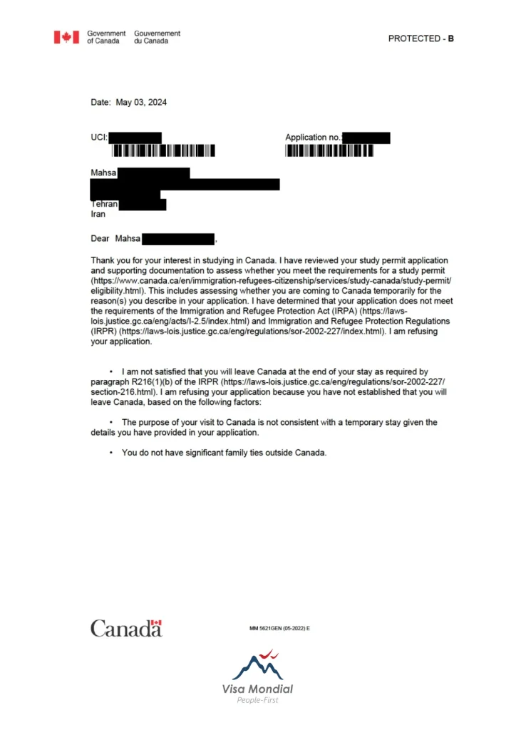 Canada study visa refusal letter