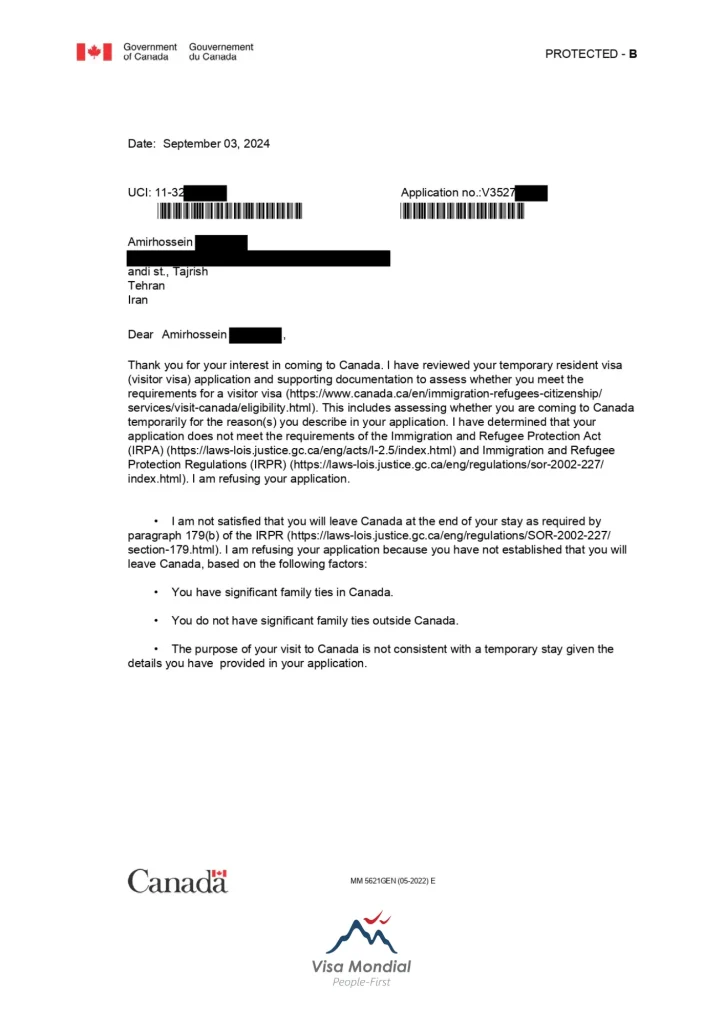 Canada visitor visa refusal letter sample