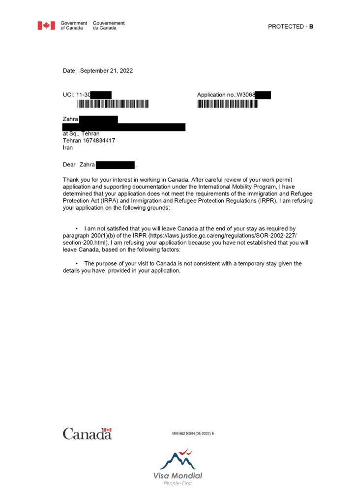 Canada work permit refusal letter sample